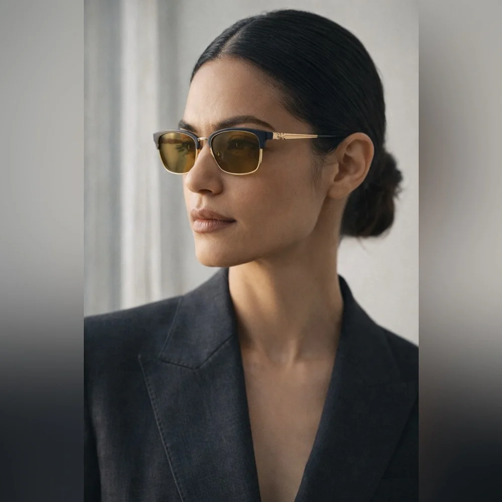 Bulova Endicott Sunglasses Navy Gold Amber Lens Browline w Case Rx lenses